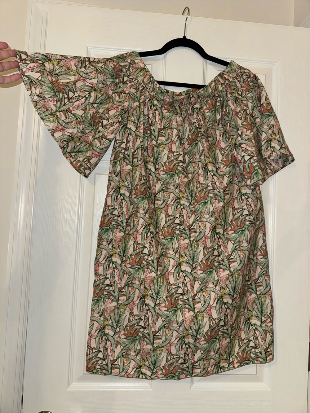 H&M Tropical Leaf Print Off-Shoulder Dress in Green & Pink